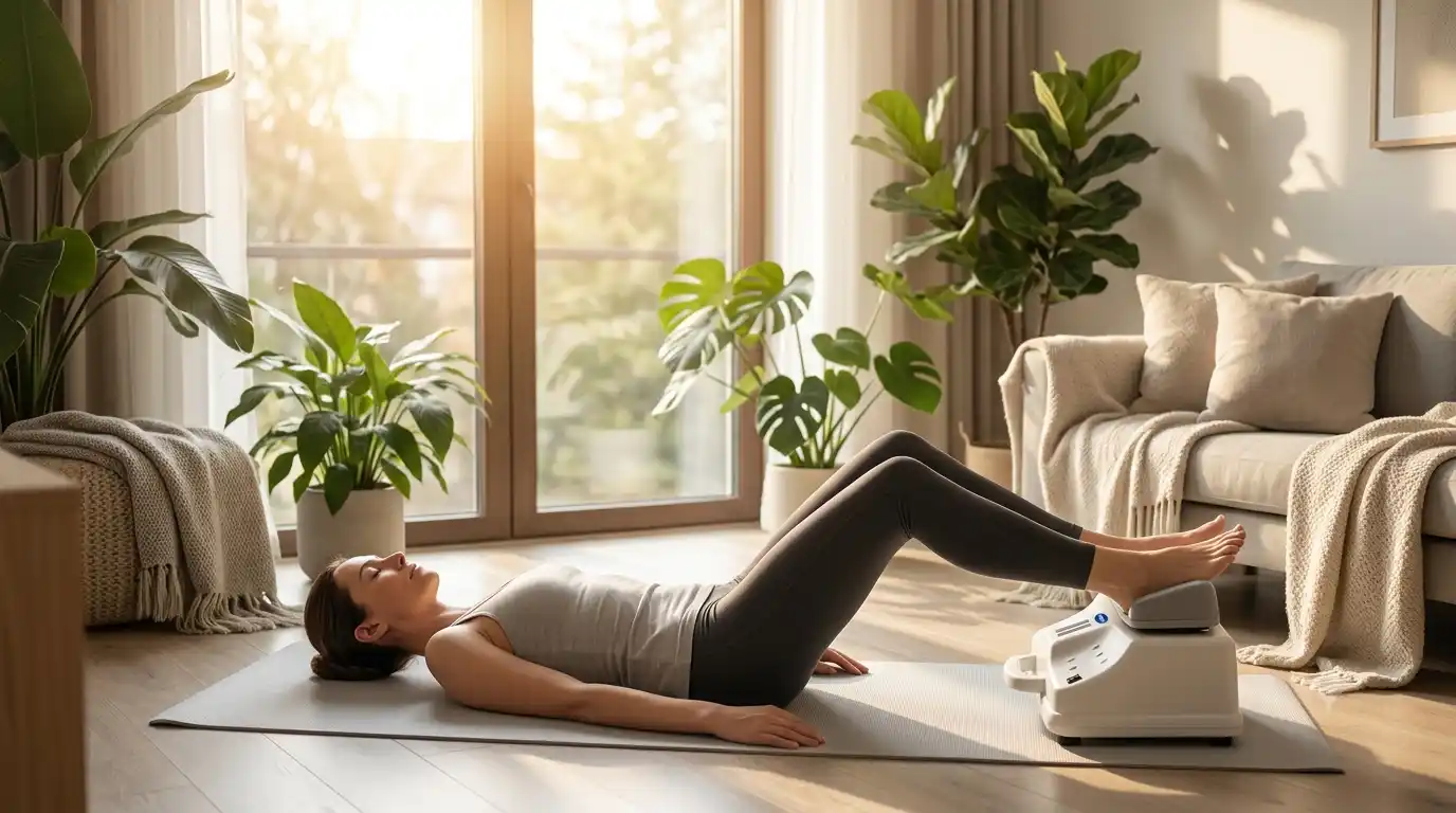 Person relaxing at home while using a Chi Machine in a peaceful environment