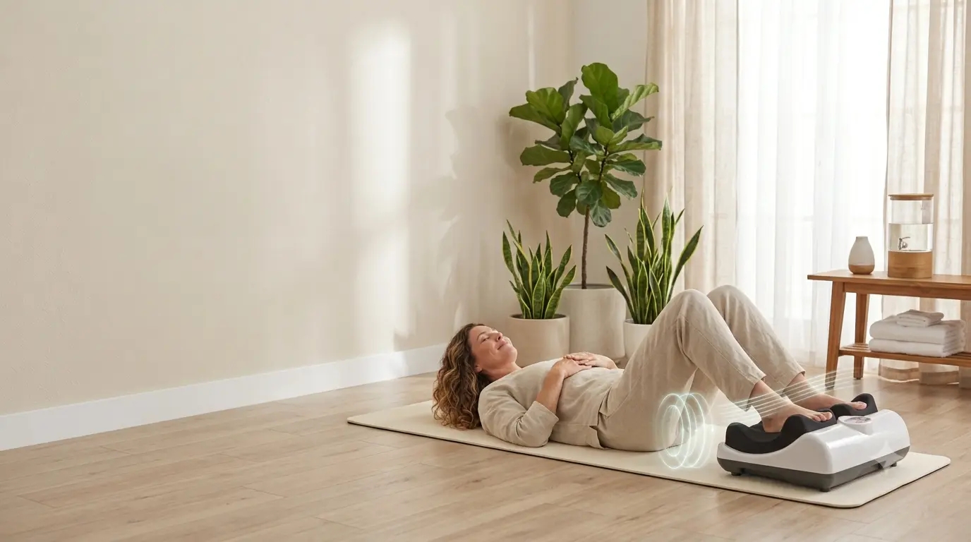 Person relaxing on a Chi Machine therapy device in a peaceful wellness setting