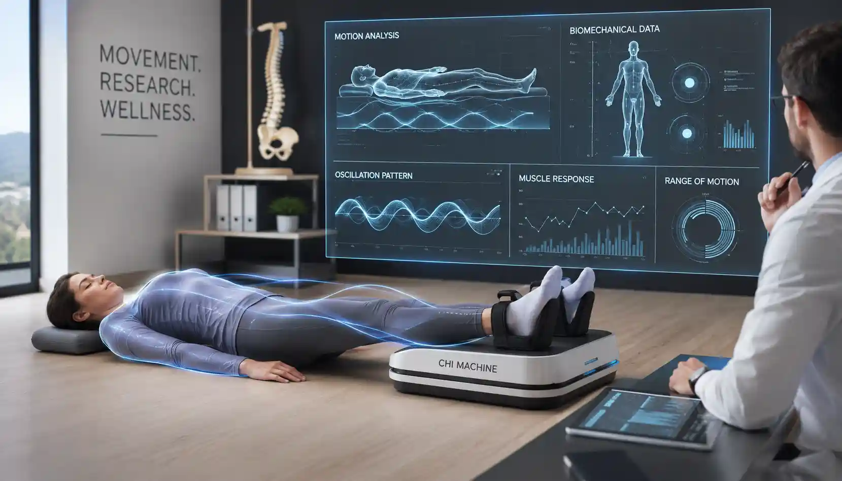 Research-inspired illustration showing biomechanical analysis of a person using a Chi Machine