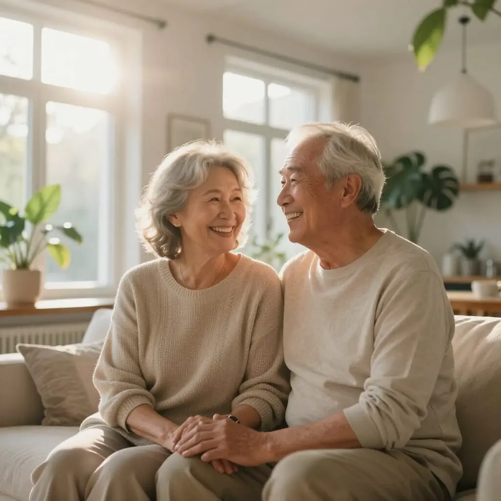 Senior couple enjoying a relaxing Chi Machine wellness session at home.