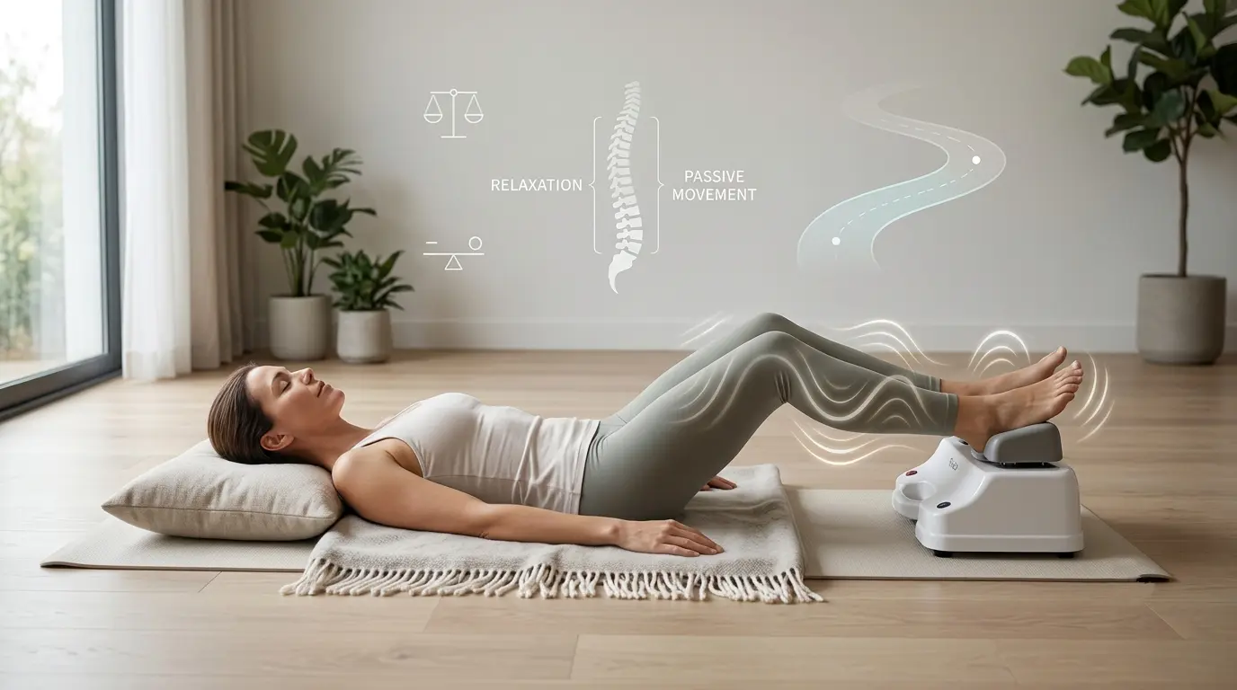 Person using a Chi Machine for gentle passive rhythmic movement in a home wellness setting