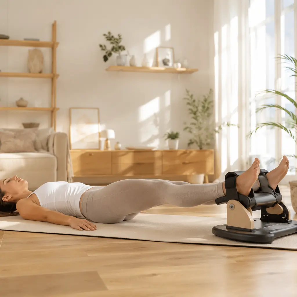 Woman relaxing with a Chi Machine in a bright Scandinavian living room.