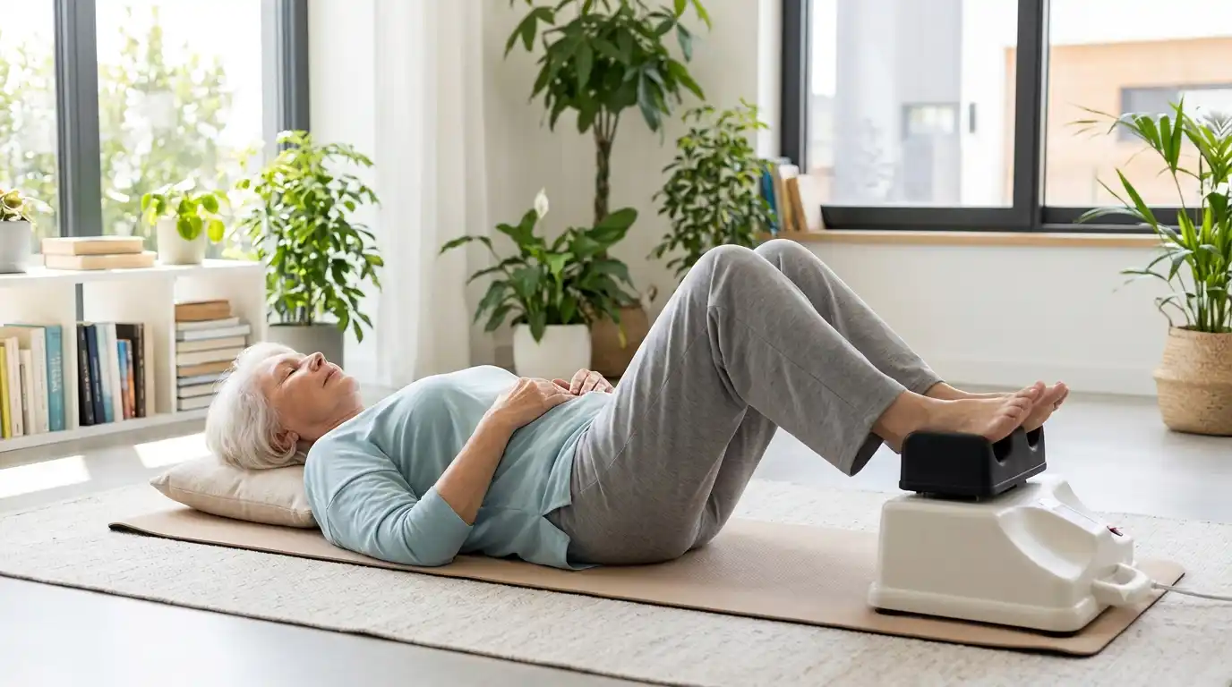Senior adult using a Chi Machine with gentle rhythmic movement for relaxation