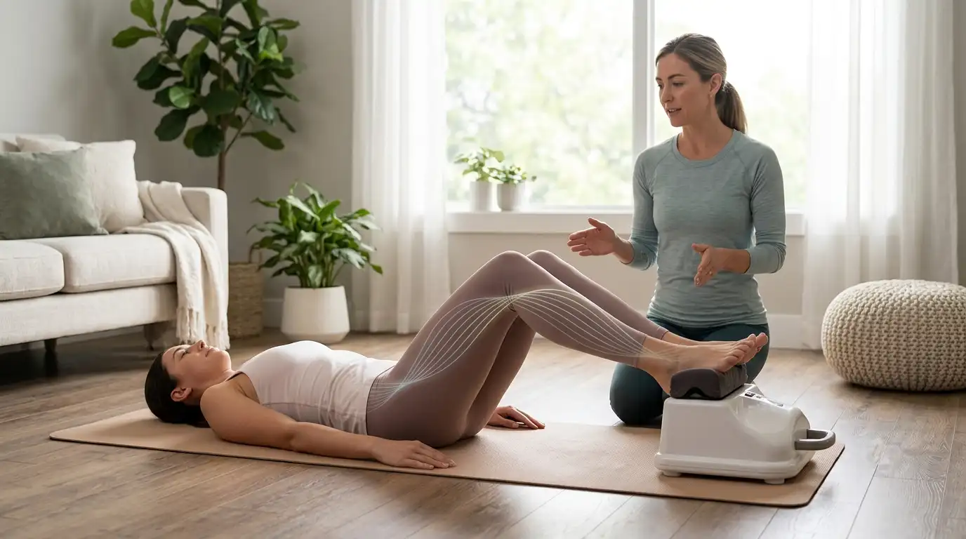 Person lying on a Chi Machine with ankles placed in supports during a gentle oscillating movement session
