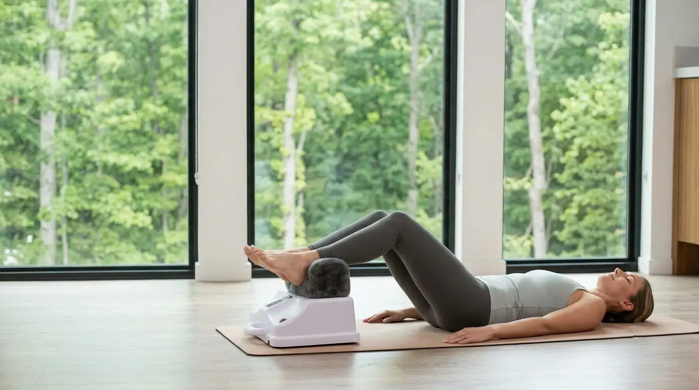 Beginner Chi Machine session showing comfortable positioning and gentle relaxation time