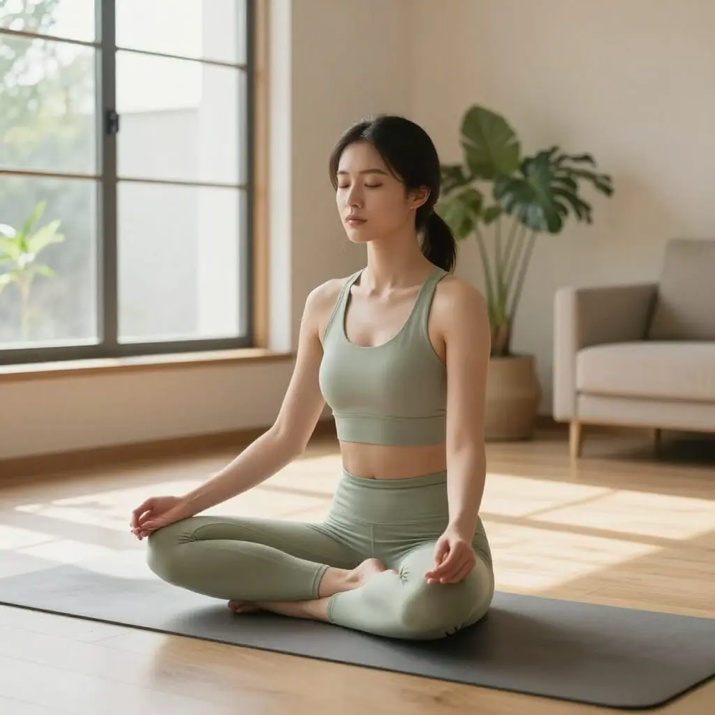 Woman meditating after using a Chi Machine in a peaceful home.