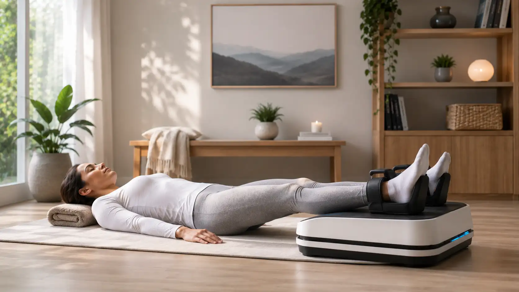 Beginner learning how to use a Chi Machine with ankles resting in the device supports